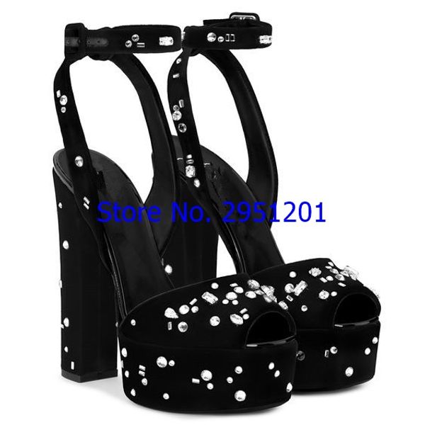 

women summer platform sandals woman suede high heels shoes mujer thick bottom strap party shoes ladies chunky beaded pearl, Black