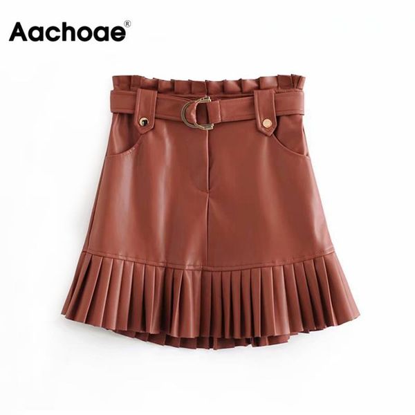 

women chic pu leather pleated skirt 2020 ruffles tie belt waist pocket skirt zipper fly ladies elegnt mini skirts jupe femme, Black