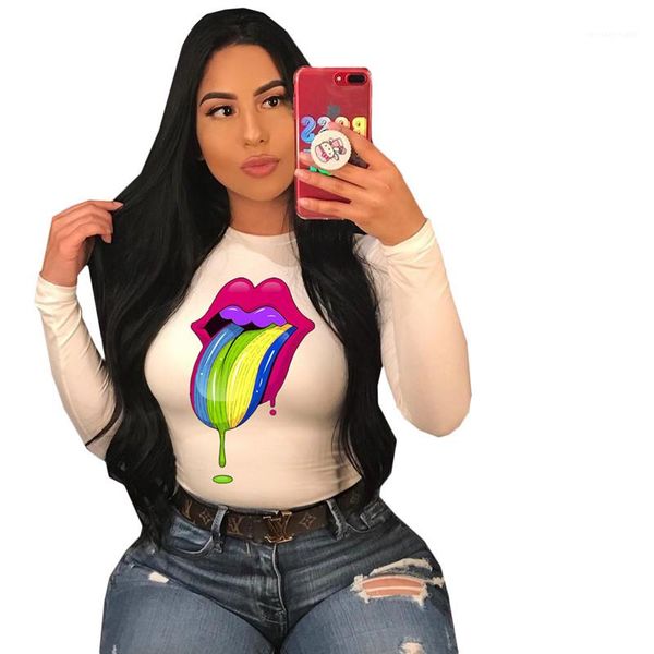 

shirts color lip and eyes printed autumn casual slim long sleeved crew neck t shirts fashion womens tees wemens designer t, White