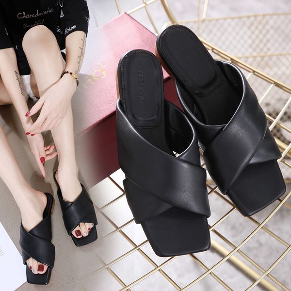 

female shoes slippers flat square toe slides 2020 summer fabric scandals rome basic pu slippers women summer shoes square toe, Black
