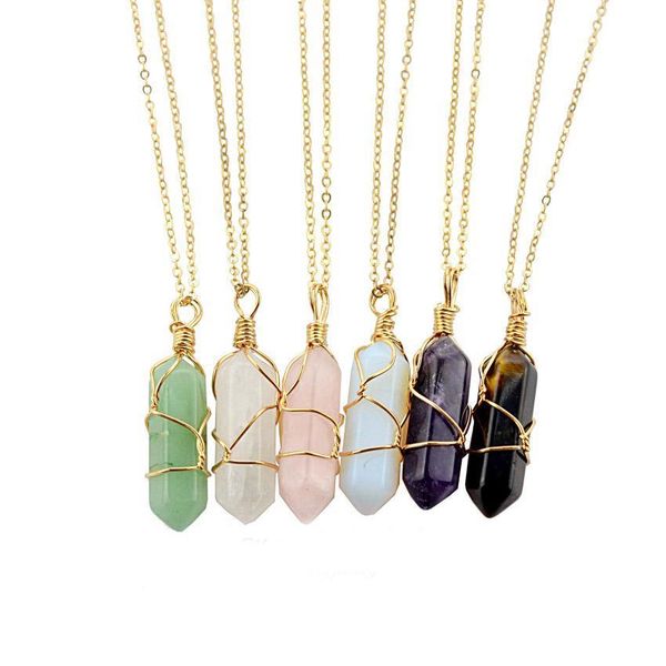 

hexagon shape chakra natural stone healing point pendants necklaces with gold chain for women jewelry, Silver