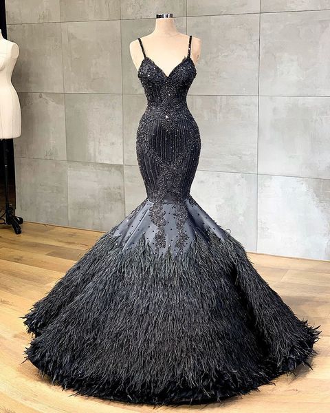 

aso ebi 2020 arabic black luxurious evening dresses lace beaded prom dresses feather formal party second reception gowns zj226, Black;red