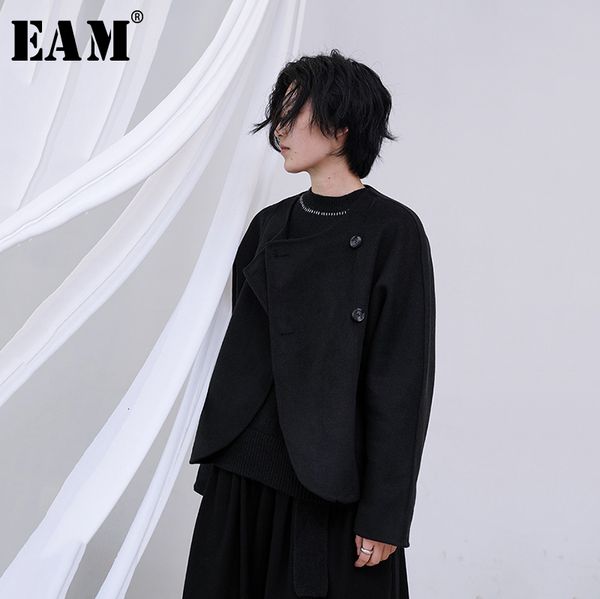 

eam] loose fit black split joint big size short woolen coat parkas new long sleeve women fashion tide autumn winter 2020 1m743