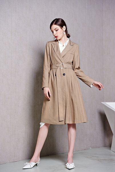 

2019 autumn england style women's trench coat fashion pleated belt overcoat women a773, Tan;black