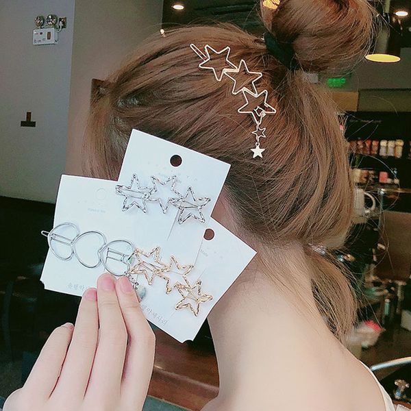 

2019 new women vintage heart star geometric alloy hairpins sweet headband hair clips barrettes female fashion hair accessories, Golden;silver