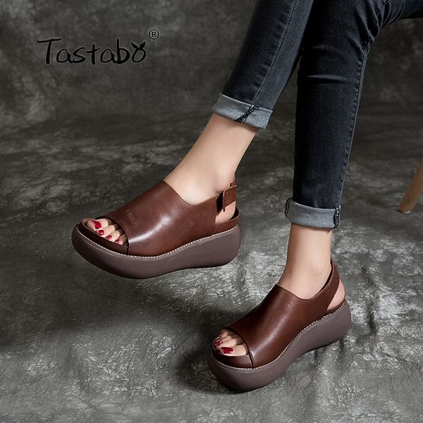 

tastabo genuine leather ladies sandals thick bottom slip-on design brown green casual style s183-2 handmade women's shoes 35-40 y200702, Black