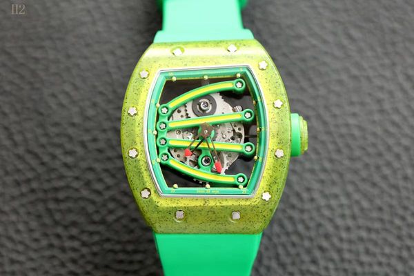 

fashion green men sports watches skeleton automatic gold watch mechanical rubber strap hip hop style wristwatch, Slivery;brown