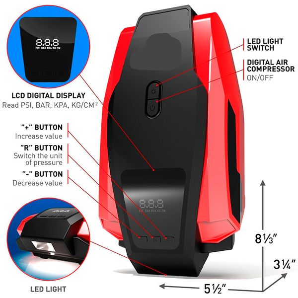 

портативный воздушный компрессор pump150psi 12 в цифровой шинный надувной авто шинный насос с аварийным светодиодным освещением