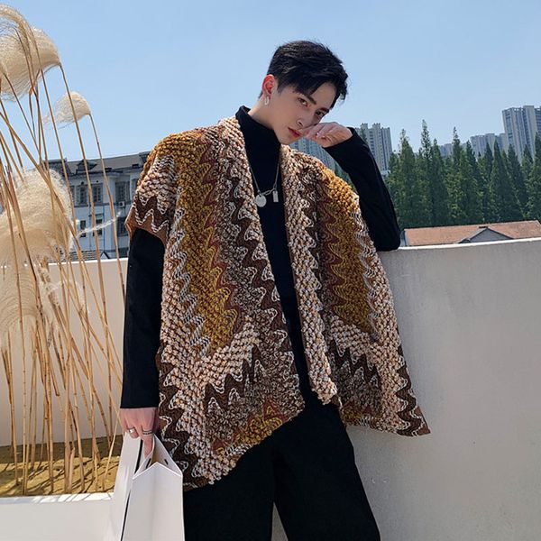 

men vintage knitted pattern sweater cardigan shawl coat male women streetwear sleeveless sweater jacket outerwear, White;black