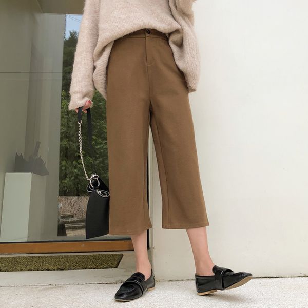 

new high waisted ladies woolen wide leg pants casual calf-length autumn winter wool trousers solid pockets large size, Black;white
