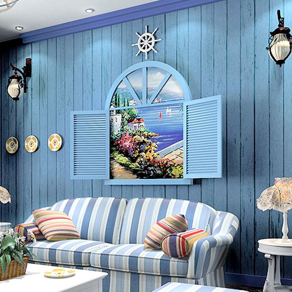 Yazi schöne rustikale selbstklebende Streifen-Tapetenrolle aus Kunstholz in Hellblau für Wohnzimmer, Schlafzimmer, Tapeten für Babys