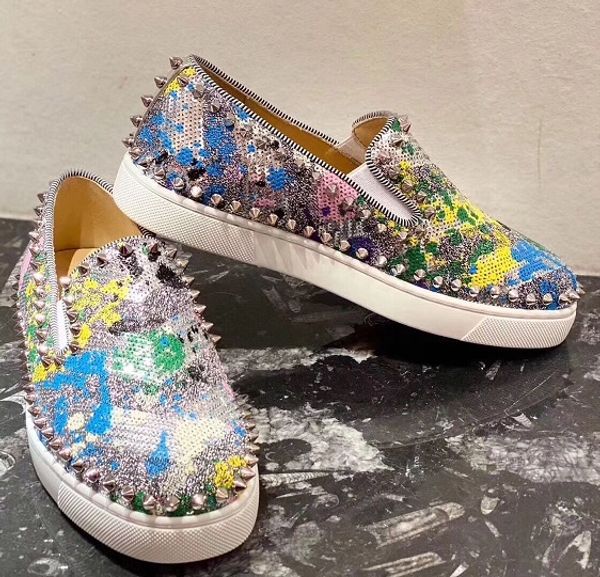 

мужчины женщины повседневная обувь роскошная orlato red bottom шипованных шипы моды insider кроссовки glitter graffiti кожа высокого top35-4, Black