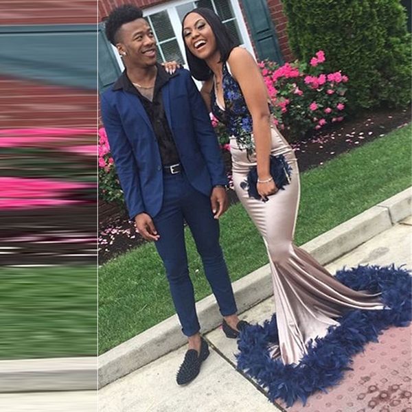 

v-neck blue feather prom dress mermaid sleeveless evening dresses african occasion party gowns open back cheap, Black