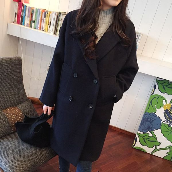 

2018 winter fashion women loose new coat long sleeve medium long wool jacket female thicken warm woolen coat, Black