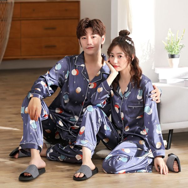 

пара пижама длинного рукава льда шелк весна осень пижама мужская и женской плюс размера моделирование шелк лета тонких домашней одежды набор, Black;white