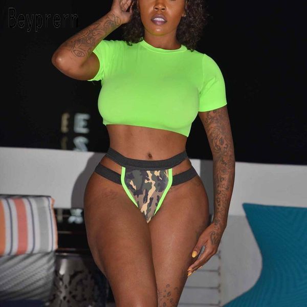 

beyprern fashion neon green army triangle beach sets summer womens high waisted camouflage beach suits two pieces wholesale, White