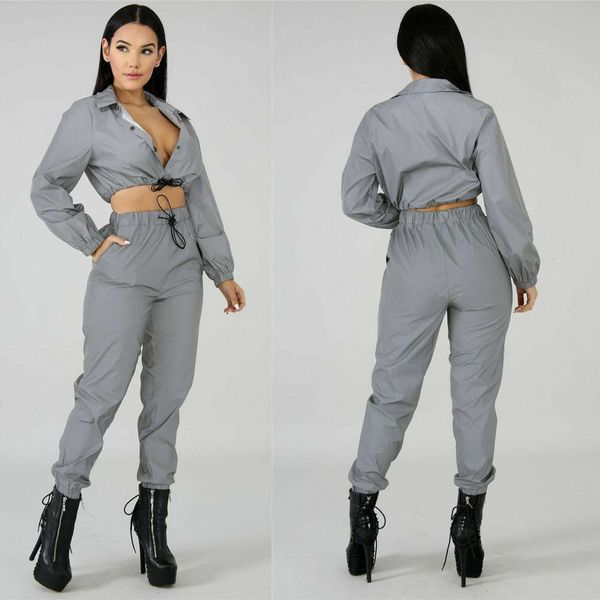 

new style fashion women reflective high waist solid long sleeve casual button long sleeve outfits jumpsuit, White