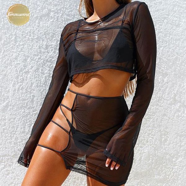

sheer party club 2 two pieces sets women 2019 summer outfits see through long sleeve crop bodycon mesh skirt, Gray