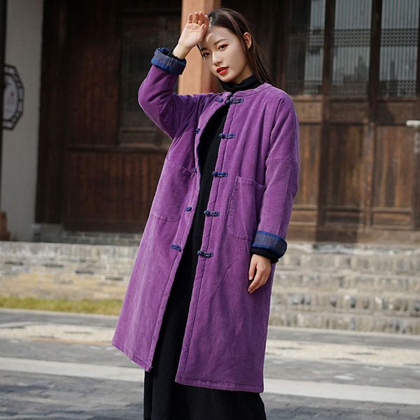 

women's down & parkas qpfjqd thicker corduroy parka vintage women coats chinese style 2021 winter full sleeve stand female warm cotton, Black
