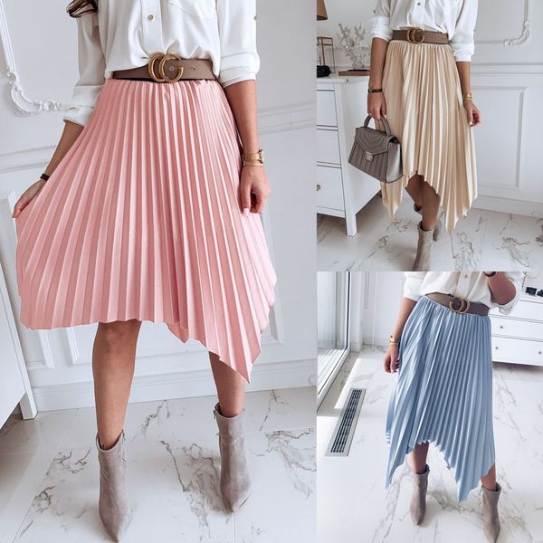 

women pleated skirt fashion elastic waist solid color knee-length skirt asymmetric design office ladies irregular ol, Black