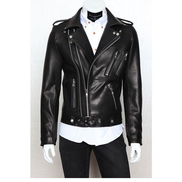 

2019 spring clothing locomotive leather coat-style multi-zipper fold-down collar slim fit washing pu leather y105, Black