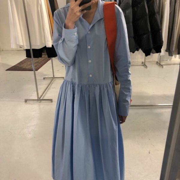 

casual dresses women spring long sleeve pleated shirt dress loose cotton turn-down collar solid color low waist, Black;gray