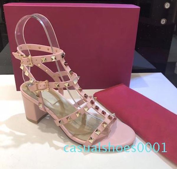 

women leather stud sandals t-strap sandal summer high heels rivets shoes ladies party shoes 6.5cm 9.5cm 15color fa21, Black