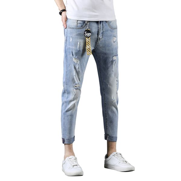 

spring and summer ankle-length jeans light sky blue fashion men's pants with ornament a1808