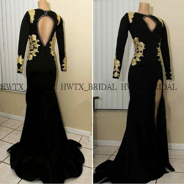 

black long sleeves prom dresses 2019 gold applique cut-out front backless high slits long formal evening gown vestidos de fiesta, White;black