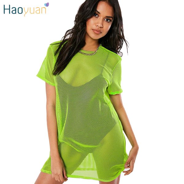 

haoyuan fishnet mesh sheer t shirt dress neon green pink orange beach cover up summer clothes for women casual mini dresses, Black;gray