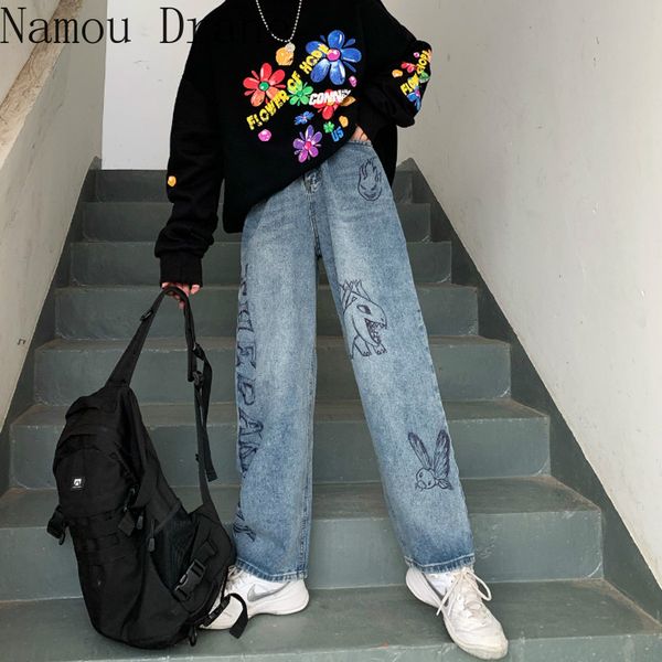 

women's jeans harajuku women vintage cartoon printed straight pants ins graffiti loose high waist cotton female trousers, Blue