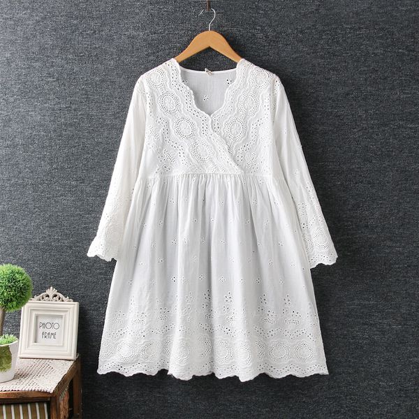 

casual dresses 2021 mori girl hollow out embroidery v-neck long sleeve cotton dress 25, Black;gray