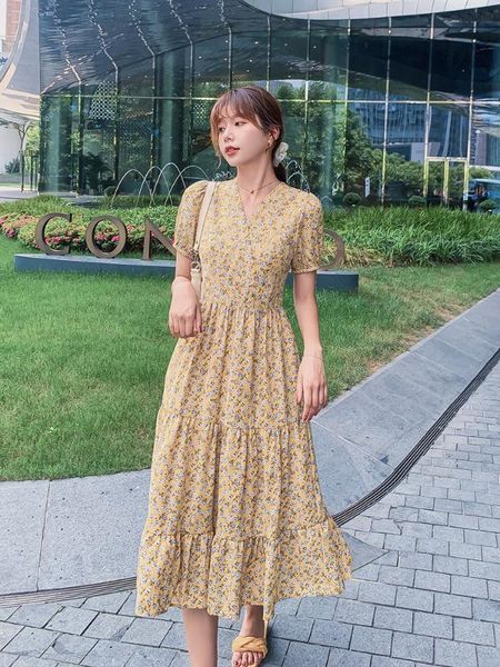 

women long yellow chiffon floral dress summer autumn 2020 runway vintage elegant korean party dress boho beach vacation dresses, Black;gray