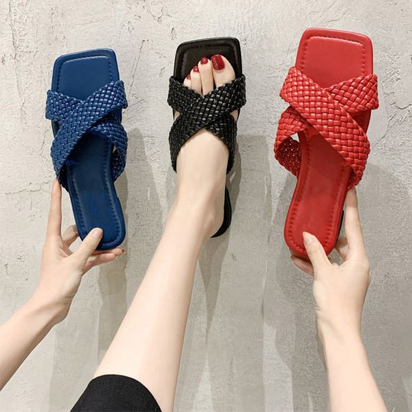 

2020 summer women flat slippers fashion square toe cross woman slides casual lady shoes sewing open toe leisure female shoes, Black