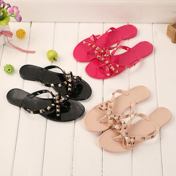 

valentine shoes rivetsbowknot flat slippers girls flip flops summer shoes cool beach jelly sandals women, Black