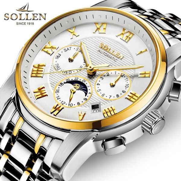 

sollen men automatic mechanical watch brand fashion casual moon phase week luminous sports watches relogio masculino 2019, Slivery;brown