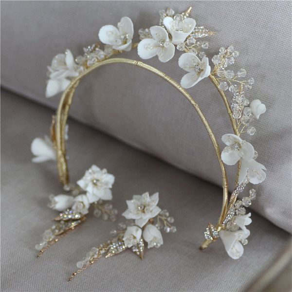 

фарфор цветок свадебная корона волос tiara rhinestone свадебные украшения мода женщин аксессуары для волос ручной работы головной убор, Golden;white