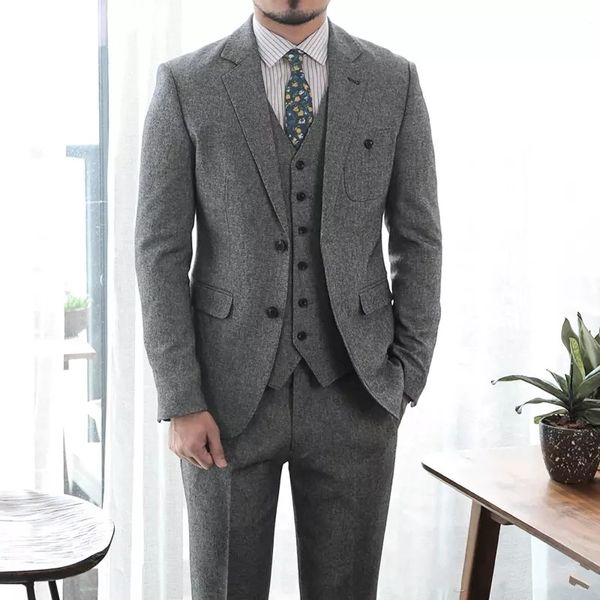 

autumn winter popular grey tweed groom tuxedos notch lapel two button fashion men wedding dress men 3 piece suit(jacket+pants+tie+vest) 88, Black;gray
