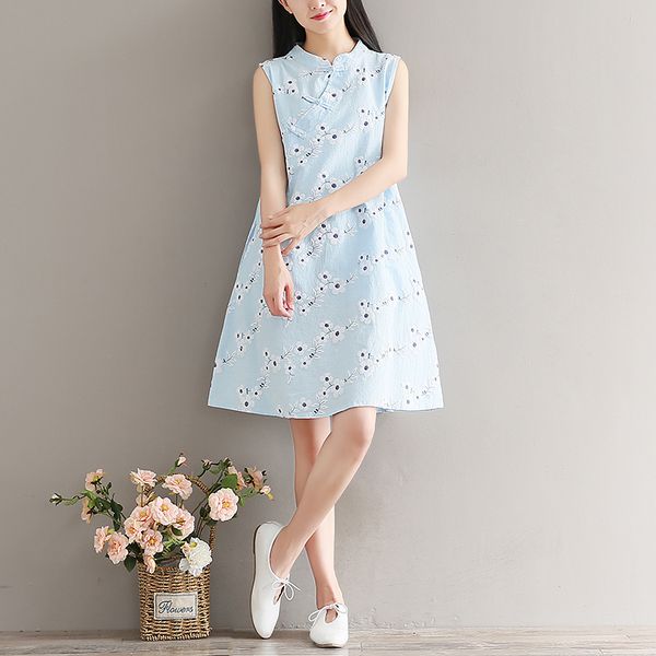 

2019 chinese dress cheongsam qipao women's cotton and linen cheongsam vintage qipao sleeveless knee length dress floral print, Red