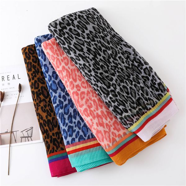 

summer scarf woman crimp leopard print elastic force dual purpose sunscreen cotton shawl on vacation tourism sandy beach a piece of cloth, Blue;gray