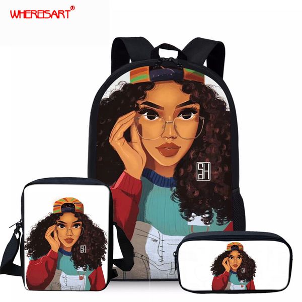 

whereisart black queen african 2019 women children backpacks pencil bag 3pcs/set portfolio school bags for girls bookbag satchel