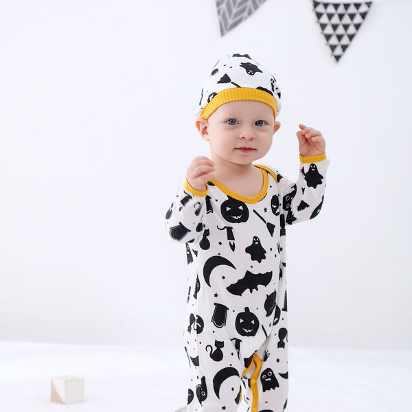 

babys designer crawling suits boys childrens wear halloween pumpkin letter printing dress + hat coverall letter print clothes sell, White