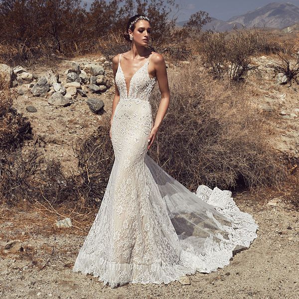 

charming mermaid lace backless wedding dresses sheer plunging neck beaded bridal gowns sweep train plus size vestido de novia, White
