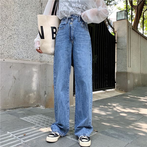 

s-xl 2colors spring and autumn korean chic style women irregular denim pants high waist jeans for women straight pants (z8731, Blue