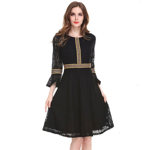

autumn women dress 2019 casual elegant hollow out print lace dress female vintage streetwear party dresses plus size 3xl, Black;gray