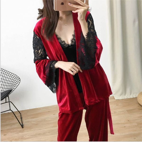 

new gold velvet pajamas women's autumn 3 piece lace pyjamas loose long-sleeved wear robe sling lace sleepwear suit homewear, Black;red