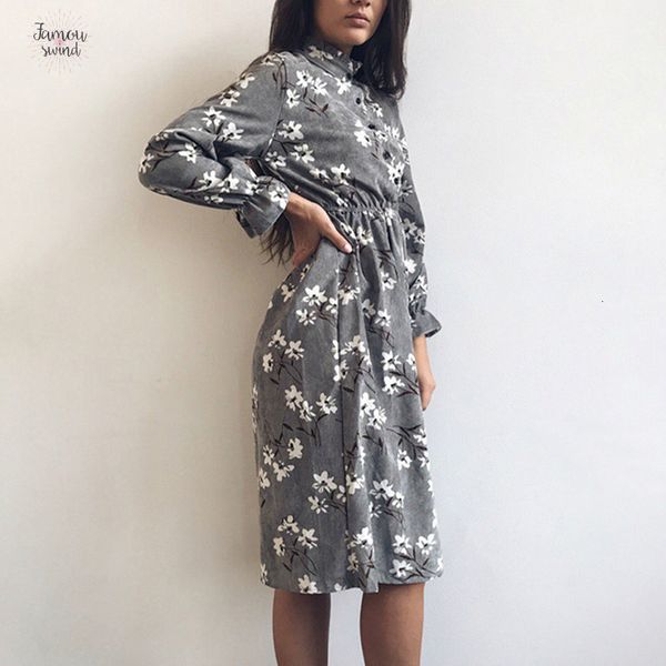 

winter autumn women dresses long sleeve high elastic waist flower print party dress casual female dress striped vestidos designer clothes, Black;gray