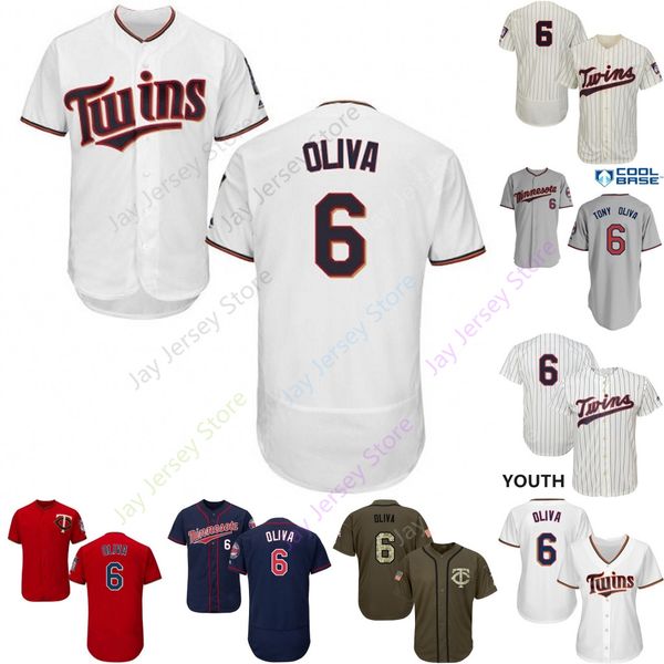 

2019 Minnesota 6 Tony Oliva Jersey Twins Jerseys Cool Base Flexbase Home Away White Black Red Grey Pullover Button Men Women Youth