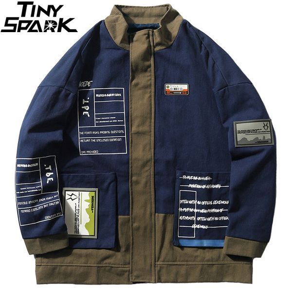 

уличная куртка 2019 мужчин ретро лоскутная молния мужчины хип-хоп куртки старинные harajuku куртки пальто осенняя мода свободного покроя син, Black;brown