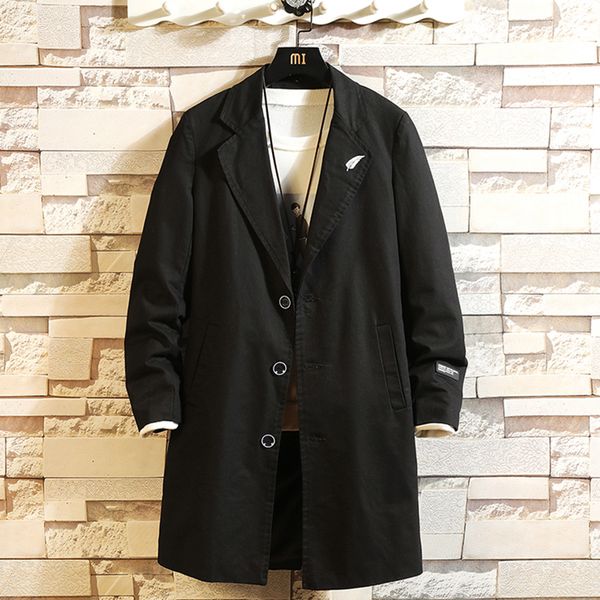 

windbreaker men's new slim mid-length loose windbreaker men's casual single-breasted solid color cotton suit collar jacket, Tan;black